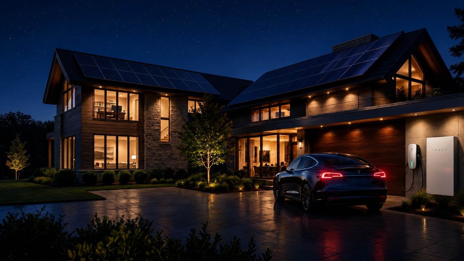 Tesla-certified home electrification: EV charger, Tesla Powerwall and solar panels on a modern home at night
